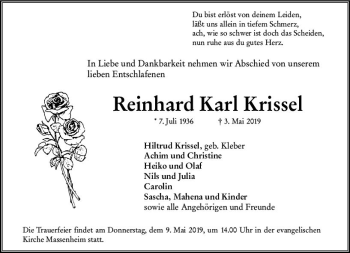 Traueranzeige von Reinhard Karl Krissel von vrm-trauer