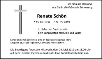 Traueranzeige von Renate Schön von vrm-trauer