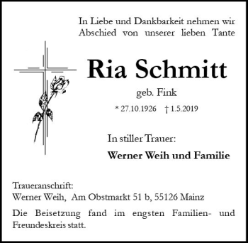 Traueranzeige von Ria Schmitt von vrm-trauer