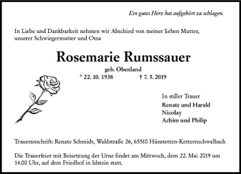 Traueranzeige von Rosemarie Rumssauer von vrm-trauer