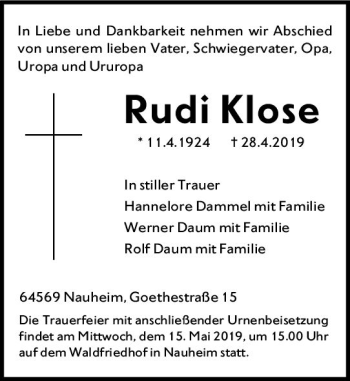 Traueranzeige von Rudi Klose von vrm-trauer