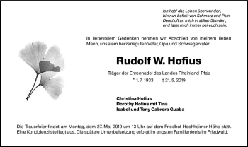 Traueranzeige von Rudolf W. Hofius von vrm-trauer