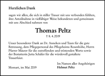 Traueranzeige von Thomas Peltz von vrm-trauer
