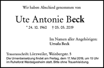Traueranzeige von Ute Antonie Beck von vrm-trauer