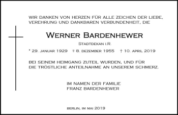 Traueranzeige von Werner Bardenhewer von vrm-trauer