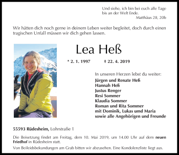 Traueranzeige von Lea Heß von VRM-TRAUER