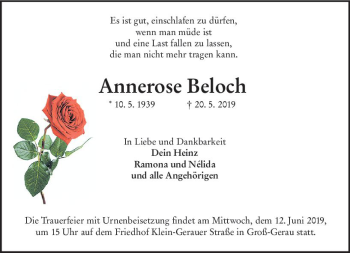 Traueranzeige von Annerose Beloch von vrm-trauer