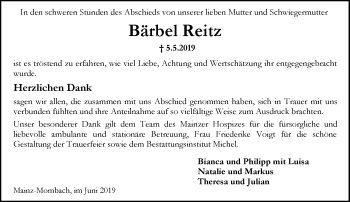 Traueranzeige von Bärbel Reitz von vrm-trauer
