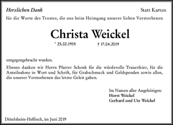 Traueranzeige von Christa Weickel von vrm-trauer