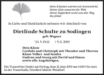 Traueranzeige von Dietlinde Schulte zu Sodingen von vrm-trauer