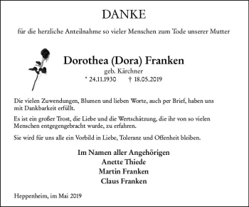 Traueranzeige von Dorothea Franken von vrm-trauer