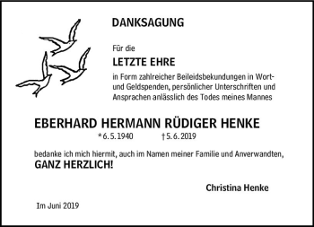 Traueranzeige von Eberhard Hermann Rüdiger Henke von vrm-trauer