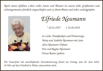 Traueranzeige von Elfriede Neumann von vrm-trauer