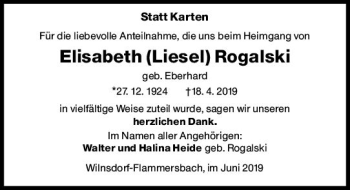 Traueranzeige von Elisabeth Rogalski von vrm-trauer