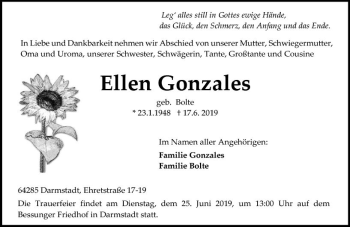 Traueranzeige von Ellen Gonzales von vrm-trauer