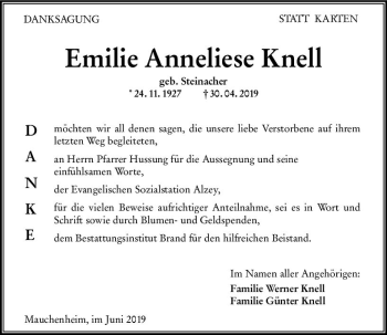 Traueranzeige von Emilie Anneliese Knell von vrm-trauer