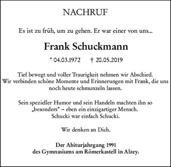 Traueranzeige von Frank Schuckmann von vrm-trauer