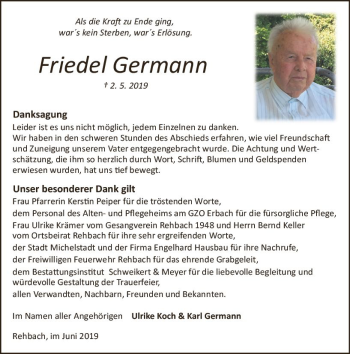 Traueranzeige von Friedel Germann von vrm-trauer