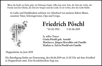 Traueranzeige von Friedrich Pöschl von vrm-trauer