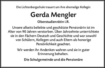 Traueranzeige von Gerda Mengler von vrm-trauer