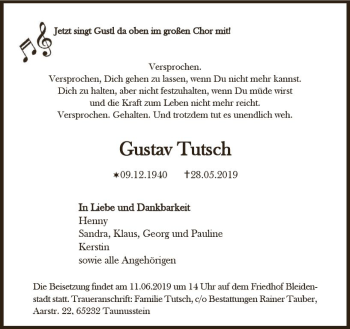 Traueranzeige von Gustav Tutsch von vrm-trauer