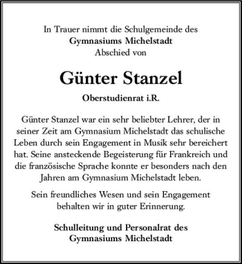 Traueranzeige von Günter Stanzel von vrm-trauer