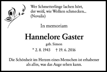 Traueranzeige von Hannelore Gaster von vrm-trauer