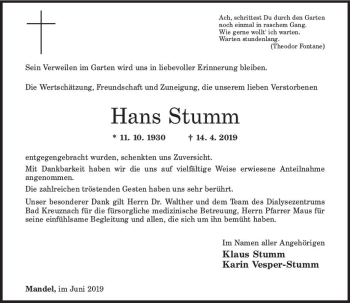 Traueranzeige von Hans Stumm von vrm-trauer