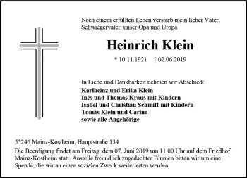 Traueranzeige von Heinrich Klein von vrm-trauer