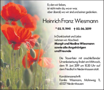 Traueranzeige von Heinrich Franz Wiesmann von vrm-trauer
