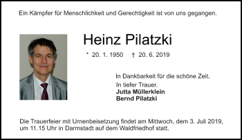 Traueranzeige von Heinz Pilatzki von vrm-trauer