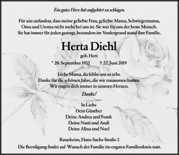 Traueranzeige von Herta Diehl von vrm-trauer