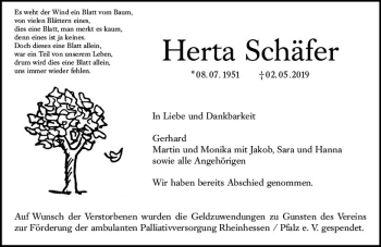 Traueranzeige von Herta Schäfer von vrm-trauer