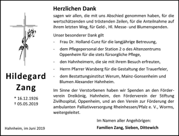 Traueranzeige von Hildegard Zang von vrm-trauer