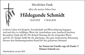 Traueranzeige von Hildegunde Schmidt von vrm-trauer