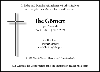 Traueranzeige von Ilse Görnert von vrm-trauer