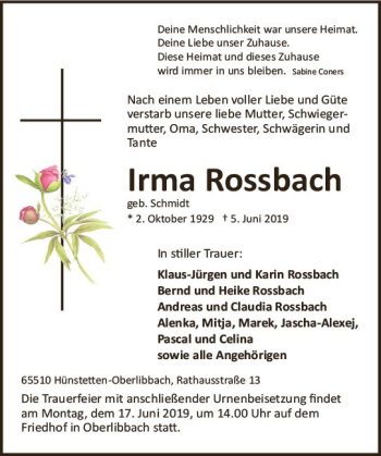 Traueranzeige von Irma Rossbach von vrm-trauer