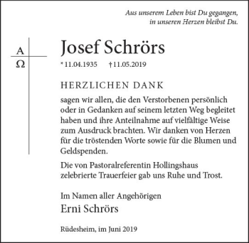 Traueranzeige von Josef Schrörs von vrm-trauer