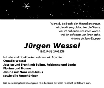 Traueranzeige von Jürgen Wessel von vrm-trauer