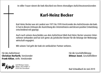 Traueranzeige von Karl-Heinz Becker von vrm-trauer