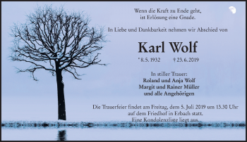 Traueranzeige von Karl Wolf von vrm-trauer