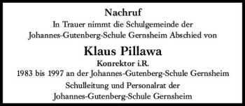 Traueranzeige von Klaus Pillawa von vrm-trauer