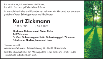 Traueranzeige von Kurt Zickmann von vrm-trauer