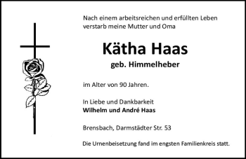 Traueranzeige von Kätha Haas von vrm-trauer