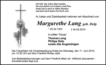 Traueranzeige von Margarethe Lang von vrm-trauer
