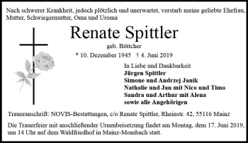 Traueranzeige von Renate Spittler von vrm-trauer