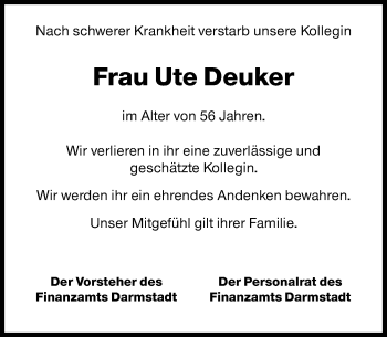Traueranzeige von Ute Deuker von vrm-trauer
