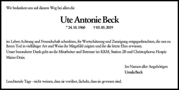 Traueranzeige von Ute Antonie Beck von vrm-trauer