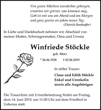 Traueranzeige von Winfriede Stöckle von vrm-trauer