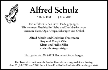 Traueranzeige von Alfred Schulz von vrm-trauer